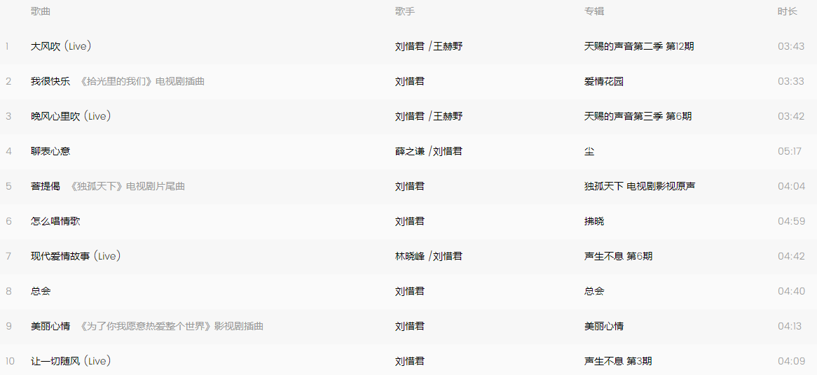 刘惜君的歌曲
